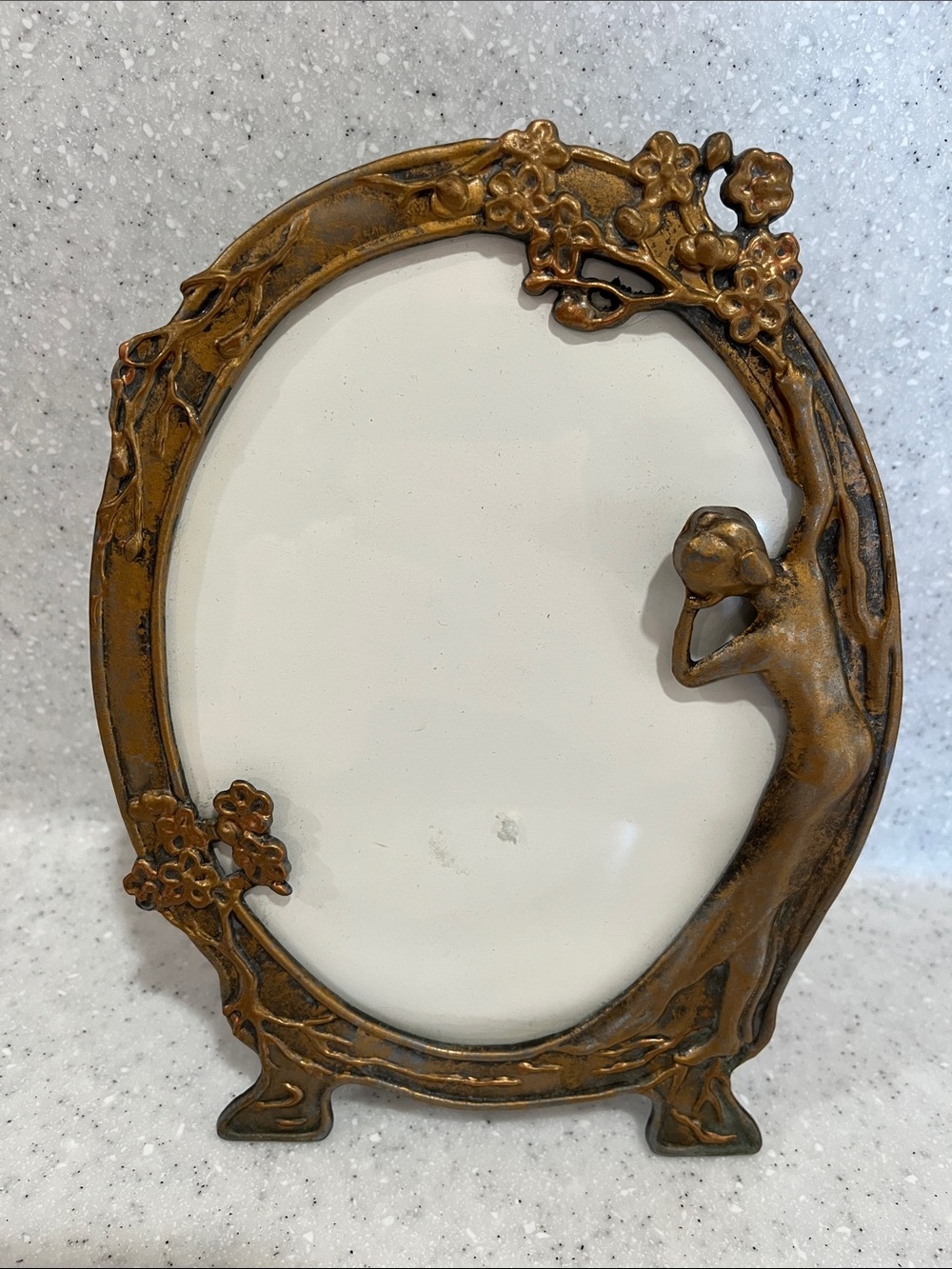 Vtg Art Nouveau Deco Style Ethereal Woman Flowers Brass? Metal Oval Frame 5”x7”